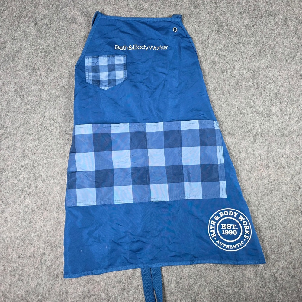 Bath &‎ Body Works Apron Blue Gingham Checkered Logo Pocket Employee Uniform OS